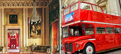 Vintage red bus Premium Tours, with Buckingham Palace, London