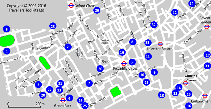 Mapa Con Los Hoteles en el Corazón del West End de Londres